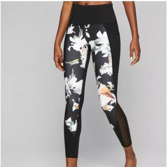 Athleta L 24” Black Ivory Floral Mesh Cropped Workout Leggings with Pockets - Picture 1 of 15